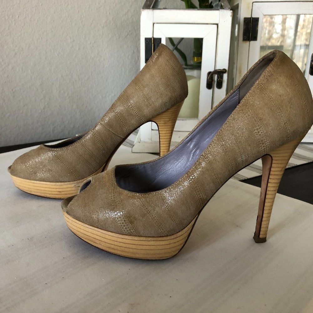 Cole Haan Taupe Textured Peep-Toe Platform Pumps